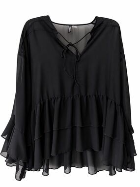 Divided Blouse Top Black Sheer Tiered Ruffle Tie-Front size L